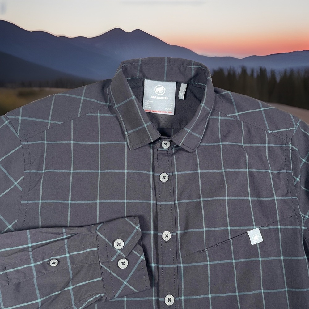 Mammut Mens Medium Long Sleeve Grid Plaid Button Shirt Black Green Hiking Trail